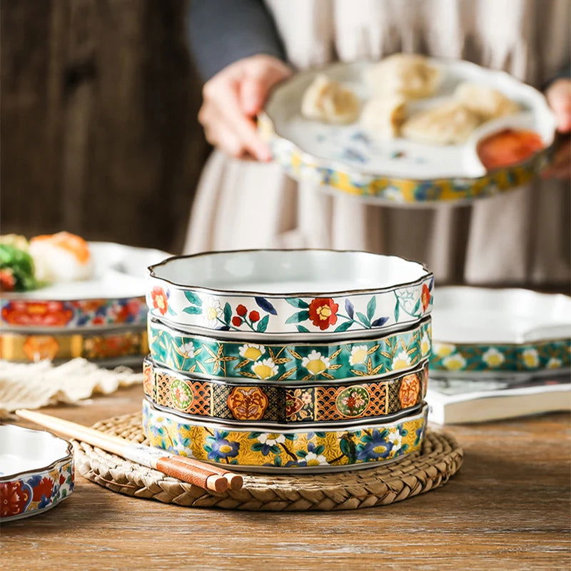 SAMURAI Authentic Japanese Dumpling Plate Hand Painted Sushi Tray Floral Ceramic Split Dish Sauce Vinegar Snack Salad Restaurant Rectangular Flower Flat Platter Asian Inspired Dining Tableware - Grand Goldman