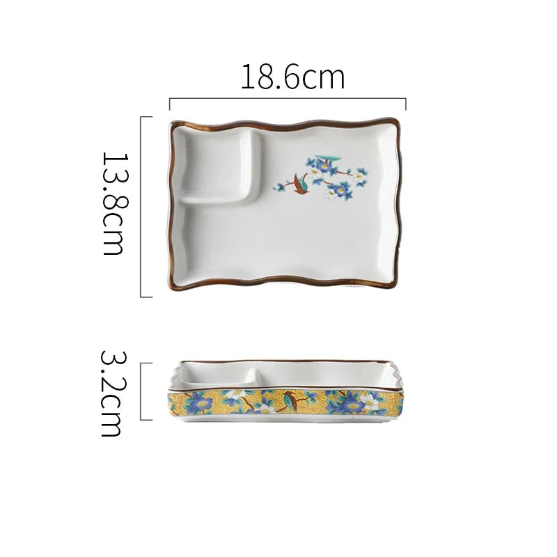 SAMURAI Authentic Japanese Dumpling Plate Hand Painted Sushi Tray Floral Ceramic Split Dish Sauce Vinegar Snack Salad Restaurant Rectangular Flower Flat Platter Asian Inspired Dining Tableware - Grand Goldman