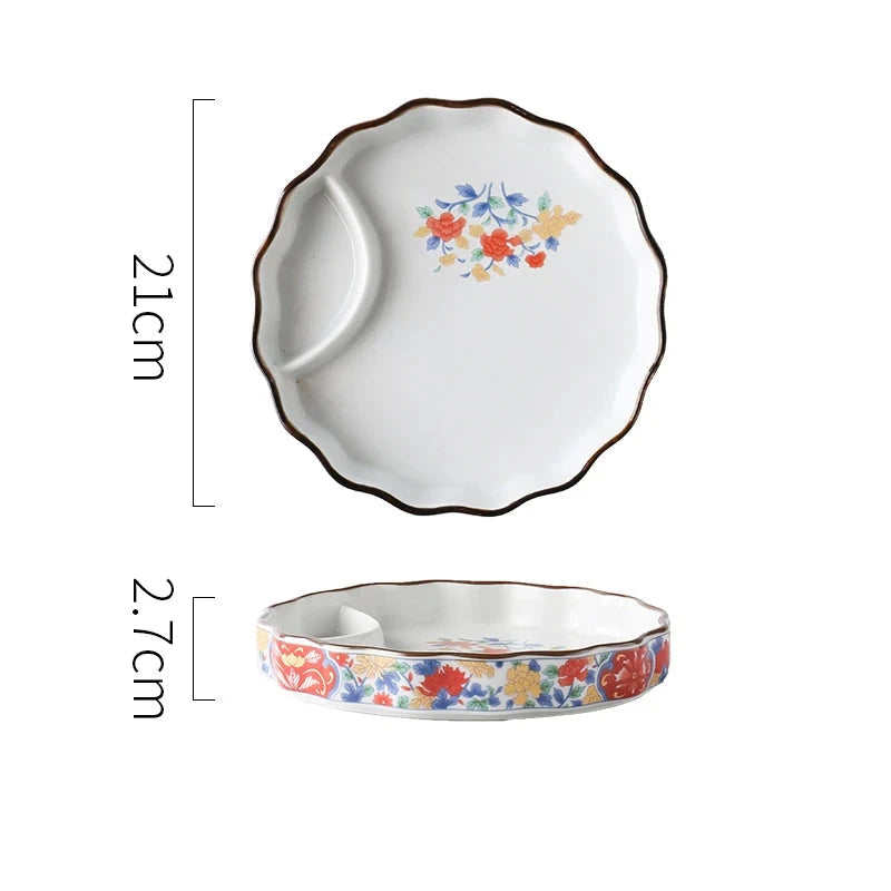 SAMURAI Authentic Japanese Dumpling Plate Hand Painted Sushi Tray Floral Ceramic Split Dish Sauce Vinegar Snack Salad Restaurant Rectangular Flower Flat Platter Asian Inspired Dining Tableware - Grand Goldman