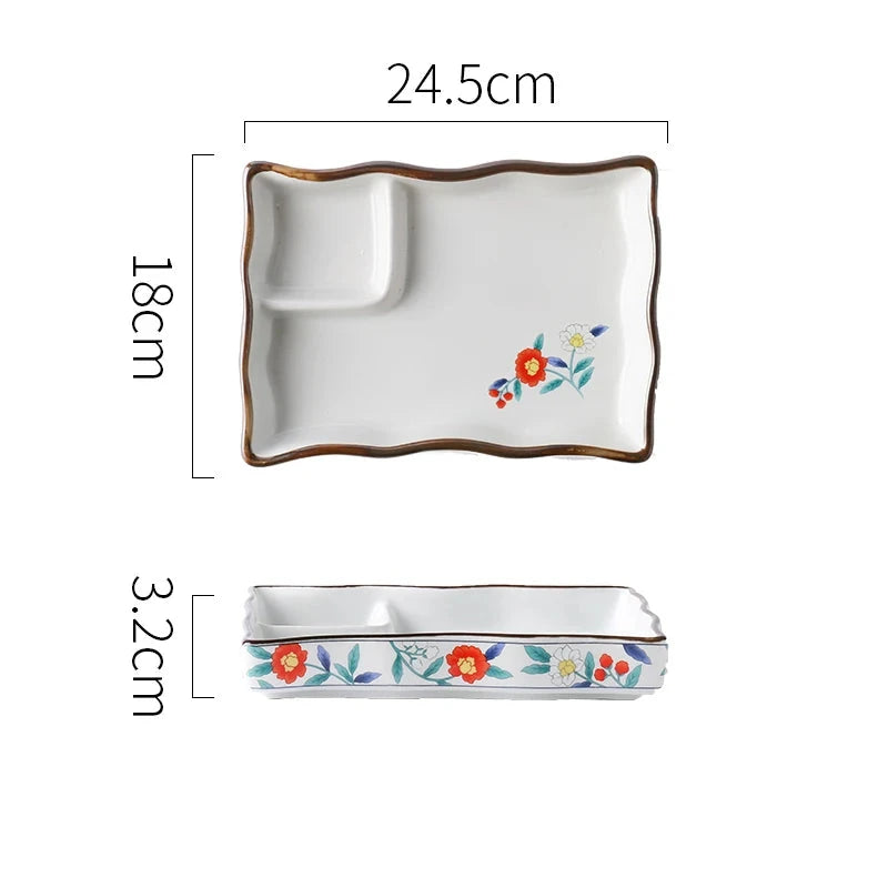 SAMURAI Authentic Japanese Dumpling Plate Hand Painted Sushi Tray Floral Ceramic Split Dish Sauce Vinegar Snack Salad Restaurant Rectangular Flower Flat Platter Asian Inspired Dining Tableware - Grand Goldman