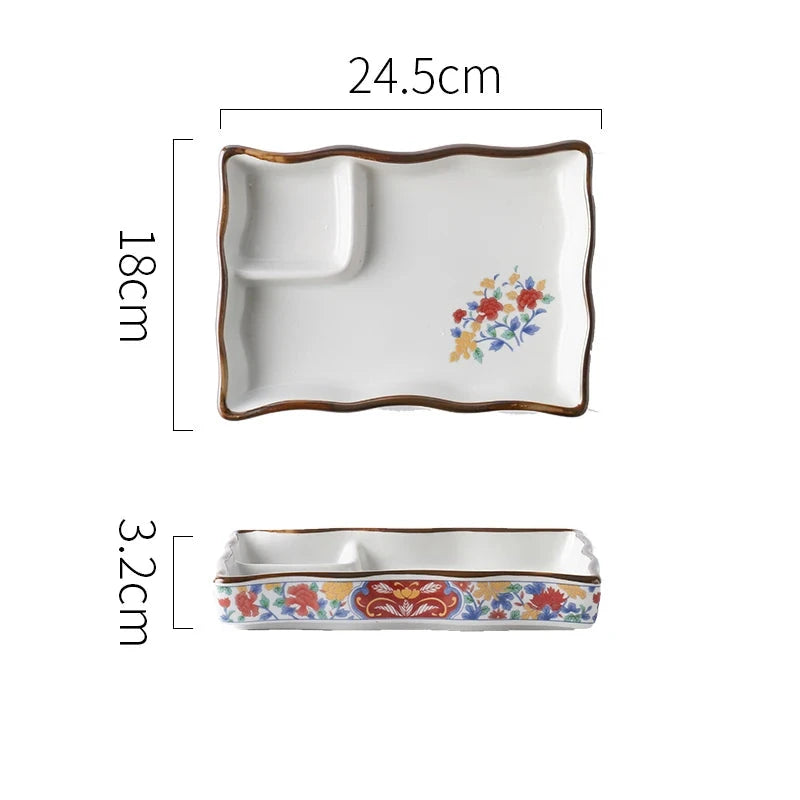 SAMURAI Authentic Japanese Dumpling Plate Hand Painted Sushi Tray Floral Ceramic Split Dish Sauce Vinegar Snack Salad Restaurant Rectangular Flower Flat Platter Asian Inspired Dining Tableware - Grand Goldman