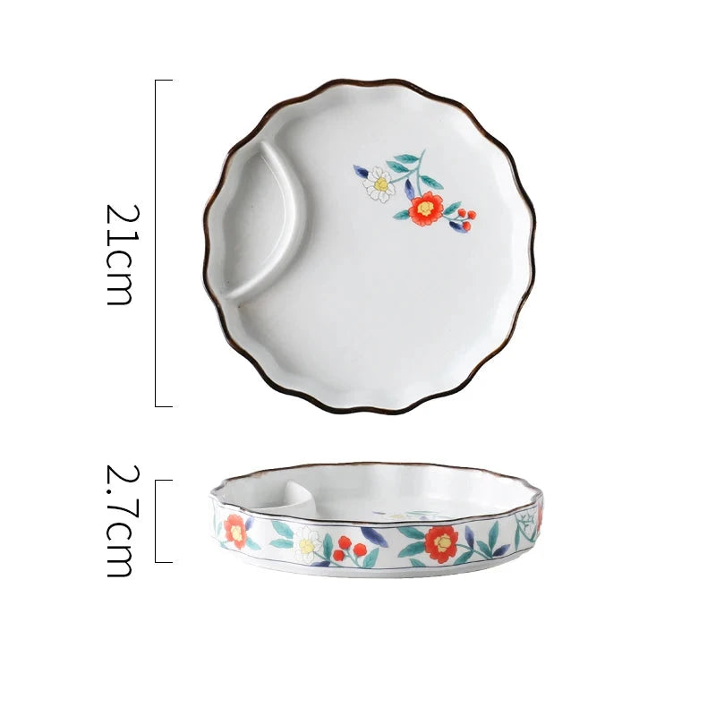 SAMURAI Authentic Japanese Dumpling Plate Hand Painted Sushi Tray Floral Ceramic Split Dish Sauce Vinegar Snack Salad Restaurant Rectangular Flower Flat Platter Asian Inspired Dining Tableware - Grand Goldman