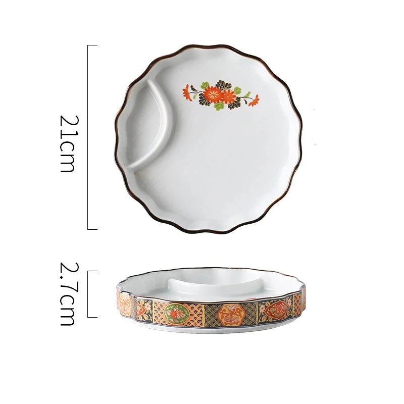 SAMURAI Authentic Japanese Dumpling Plate Hand Painted Sushi Tray Floral Ceramic Split Dish Sauce Vinegar Snack Salad Restaurant Rectangular Flower Flat Platter Asian Inspired Dining Tableware - Grand Goldman