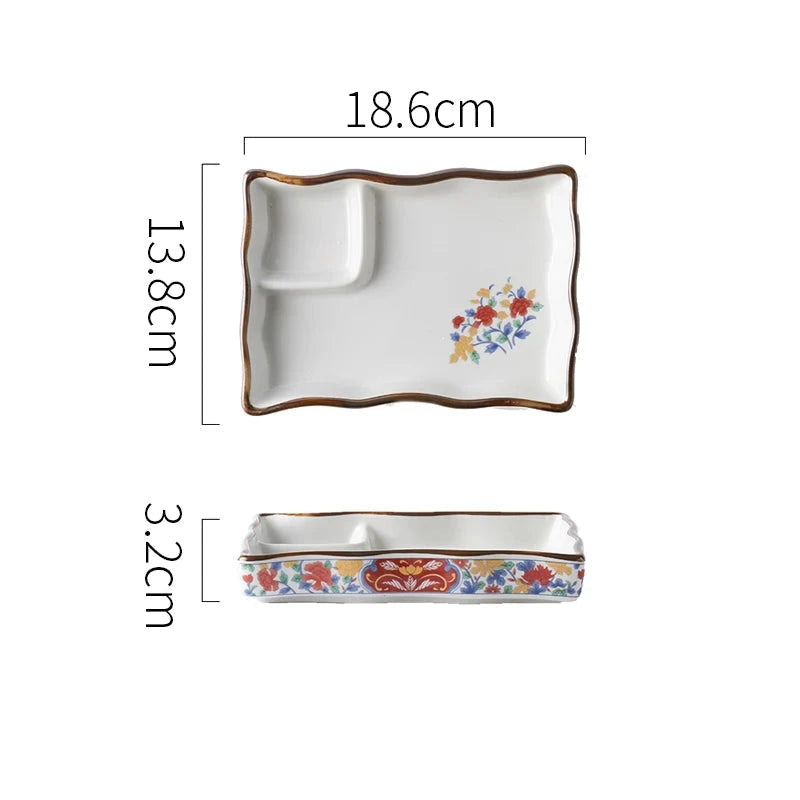 SAMURAI Authentic Japanese Dumpling Plate Hand Painted Sushi Tray Floral Ceramic Split Dish Sauce Vinegar Snack Salad Restaurant Rectangular Flower Flat Platter Asian Inspired Dining Tableware - Grand Goldman