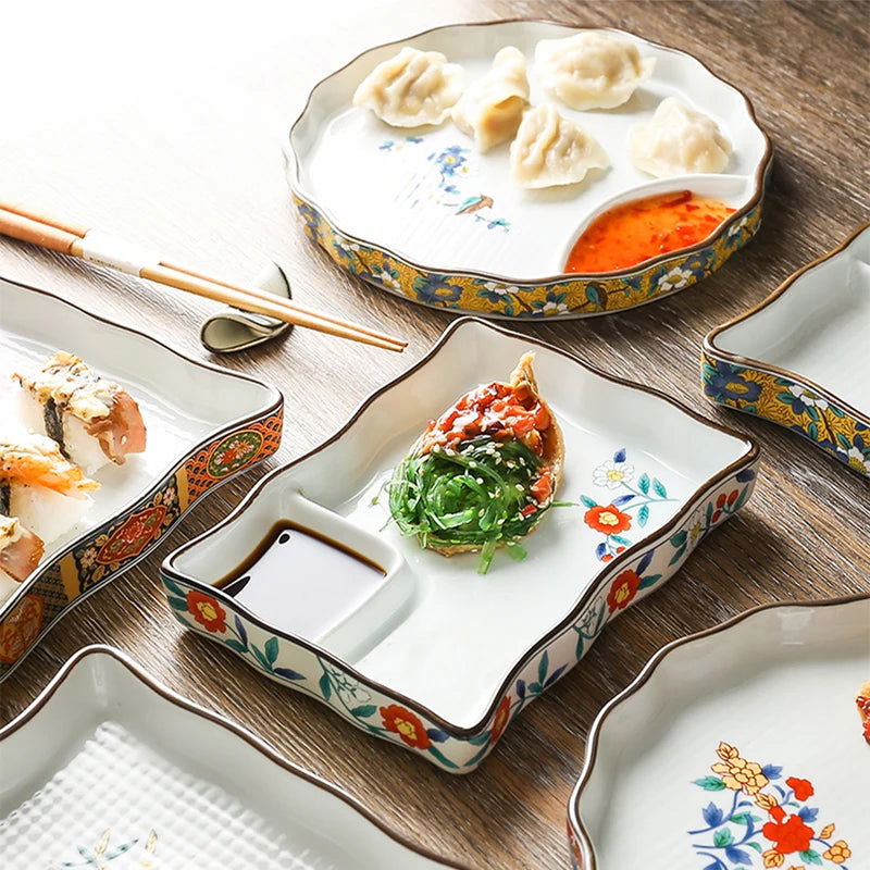 SAMURAI Authentic Japanese Dumpling Plate Hand Painted Sushi Tray Floral Ceramic Split Dish Sauce Vinegar Snack Salad Restaurant Rectangular Flower Flat Platter Asian Inspired Dining Tableware - Grand Goldman