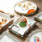 SAMURAI Authentic Japanese Dumpling Plate Hand Painted Sushi Tray Floral Ceramic Split Dish Sauce Vinegar Snack Salad Restaurant Rectangular Flower Flat Platter Asian Inspired Dining Tableware - Grand Goldman