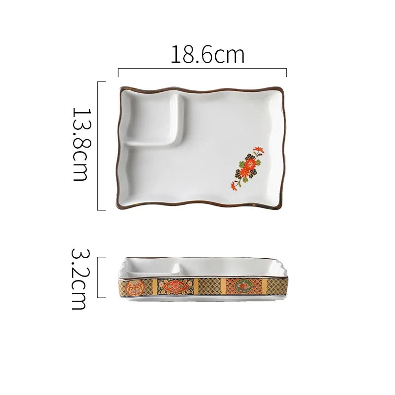 SAMURAI Authentic Japanese Dumpling Plate Hand Painted Sushi Tray Floral Ceramic Split Dish Sauce Vinegar Snack Salad Restaurant Rectangular Flower Flat Platter Asian Inspired Dining Tableware - Grand Goldman