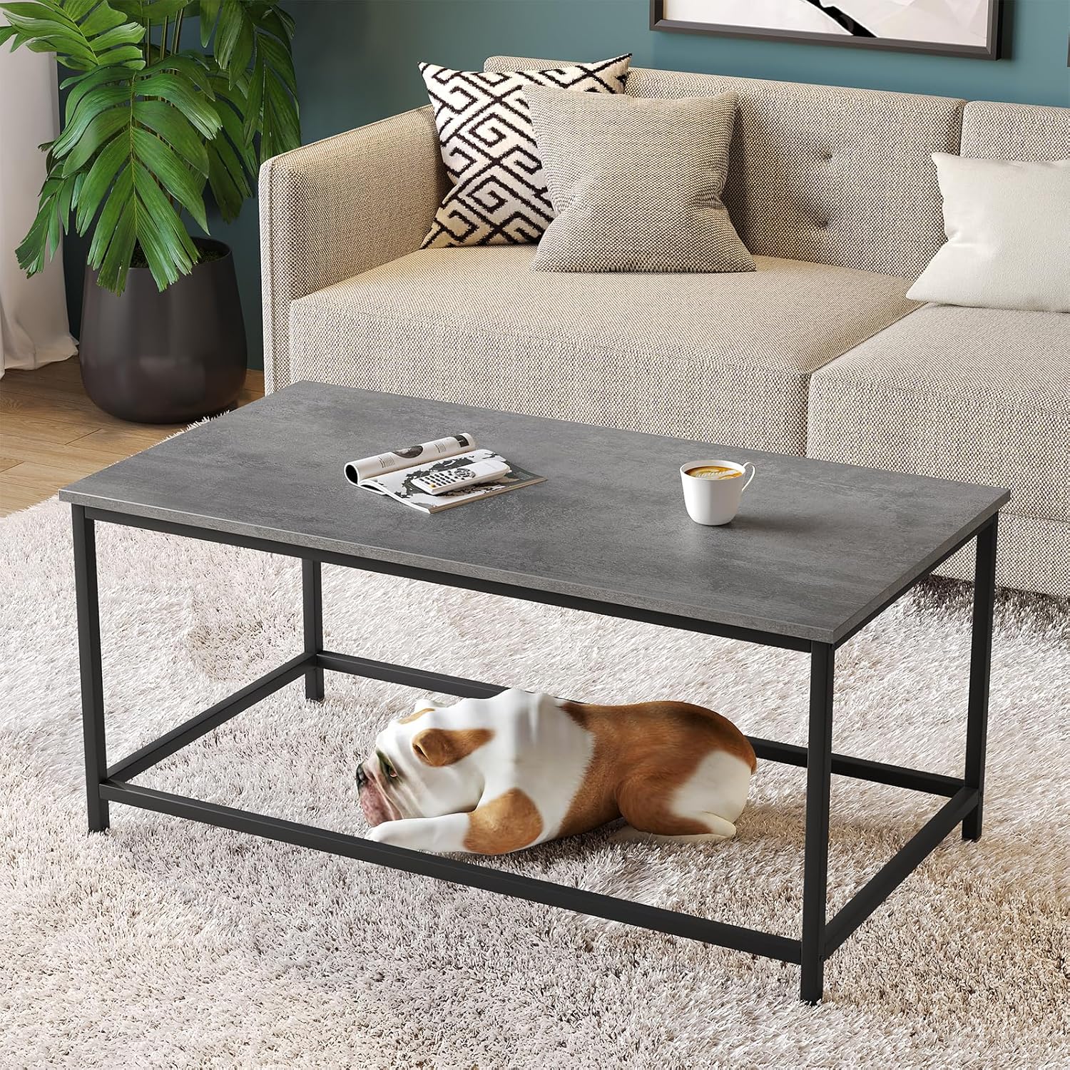 SAYGOER Black Coffee Table Simple Modern Rectangular Center Table Open Space Minimalist for Living Room Home Office Industrial Cocktail Tables, Easy Assembly, 39.37 x 19.69 x 17.72 - Grand Goldman