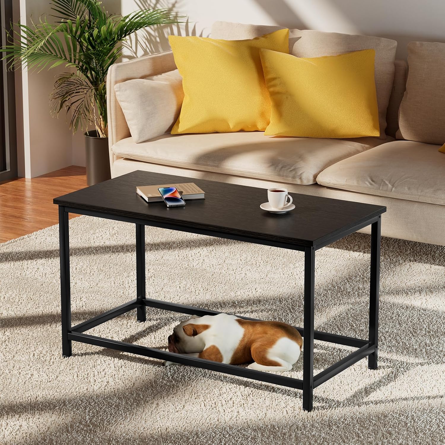 SAYGOER Black Coffee Table Simple Modern Rectangular Center Table Open Space Minimalist for Living Room Home Office Industrial Cocktail Tables, Easy Assembly, 39.37 x 19.69 x 17.72 - Grand Goldman