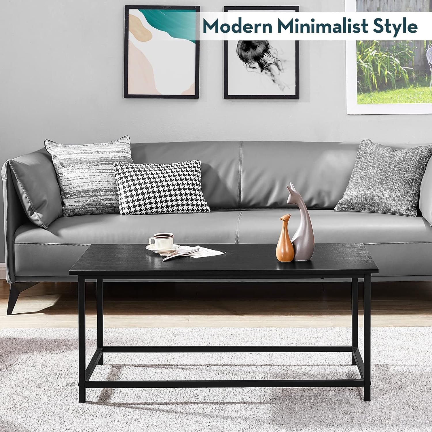 SAYGOER Black Coffee Table Simple Modern Rectangular Center Table Open Space Minimalist for Living Room Home Office Industrial Cocktail Tables, Easy Assembly, 39.37 x 19.69 x 17.72 - Grand Goldman