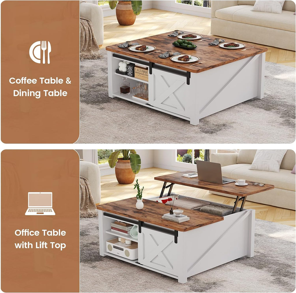 SEDETA 31.5" Lift Top Coffee Table with Storage, Square Coffee Table for Living Room, Farmhouse Coffee Table with Large Hidden Storage Compartment and Adjustable Shelves, White - Grand Goldman