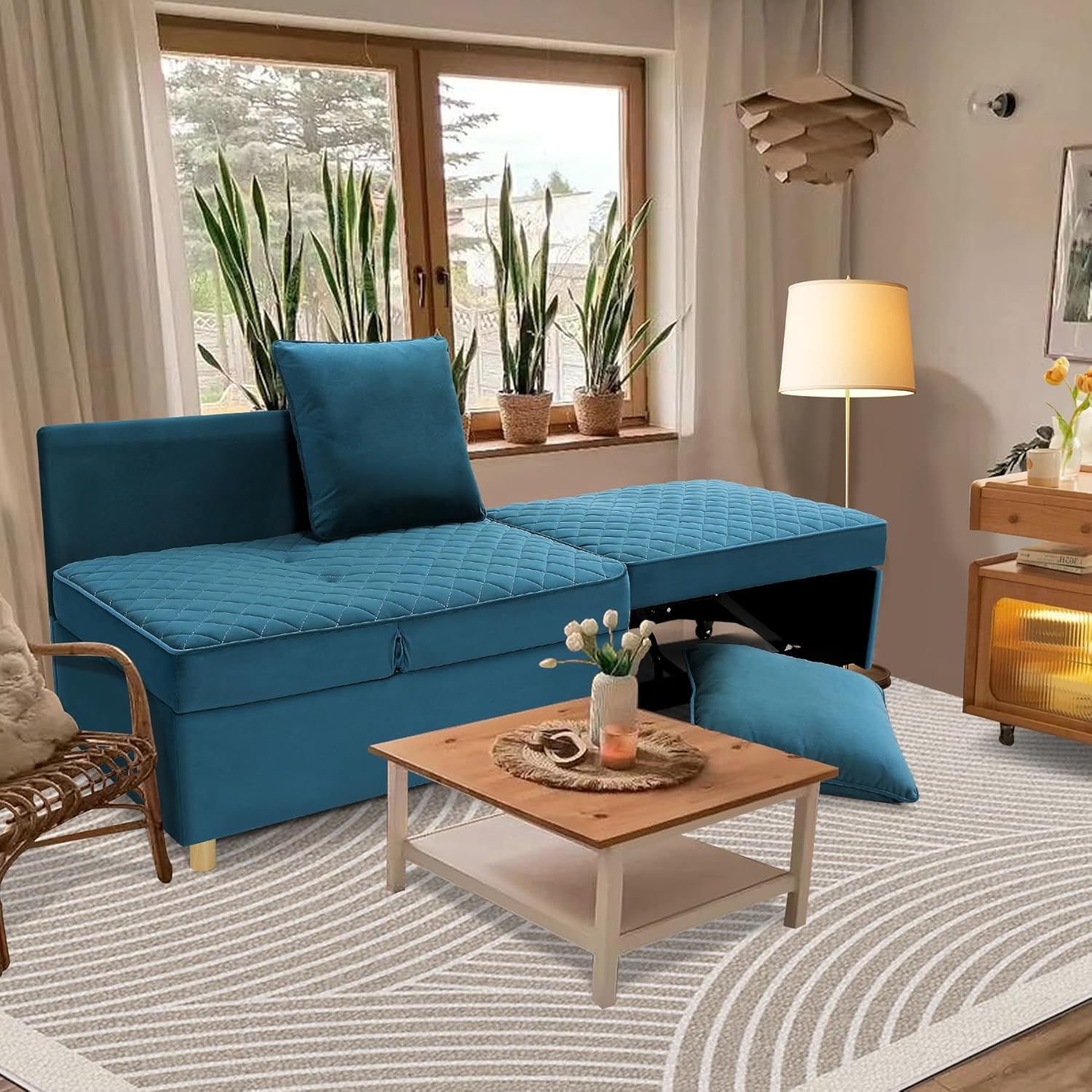 SEJOV Sofa Bed 4-in-1 Convertible Sofas & Couches, 3-Seat Linen Fabric loveseat Sofa with 2 Throw Pillow, Single Recliner for Small Space with 5 Adjustable Backrest, Grey - Grand Goldman