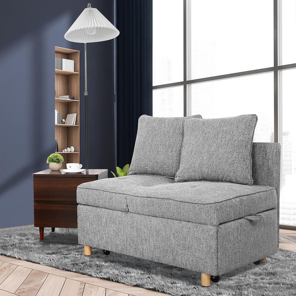 SEJOV Sofa Bed 4-in-1 Convertible Sofas & Couches, 3-Seat Linen Fabric loveseat Sofa with 2 Throw Pillow, Single Recliner for Small Space with 5 Adjustable Backrest, Grey - Grand Goldman