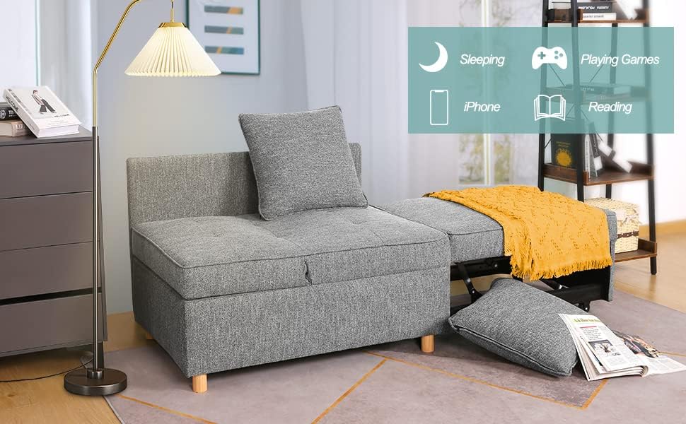 SEJOV Sofa Bed 4-in-1 Convertible Sofas & Couches, 3-Seat Linen Fabric loveseat Sofa with 2 Throw Pillow, Single Recliner for Small Space with 5 Adjustable Backrest, Grey - Grand Goldman