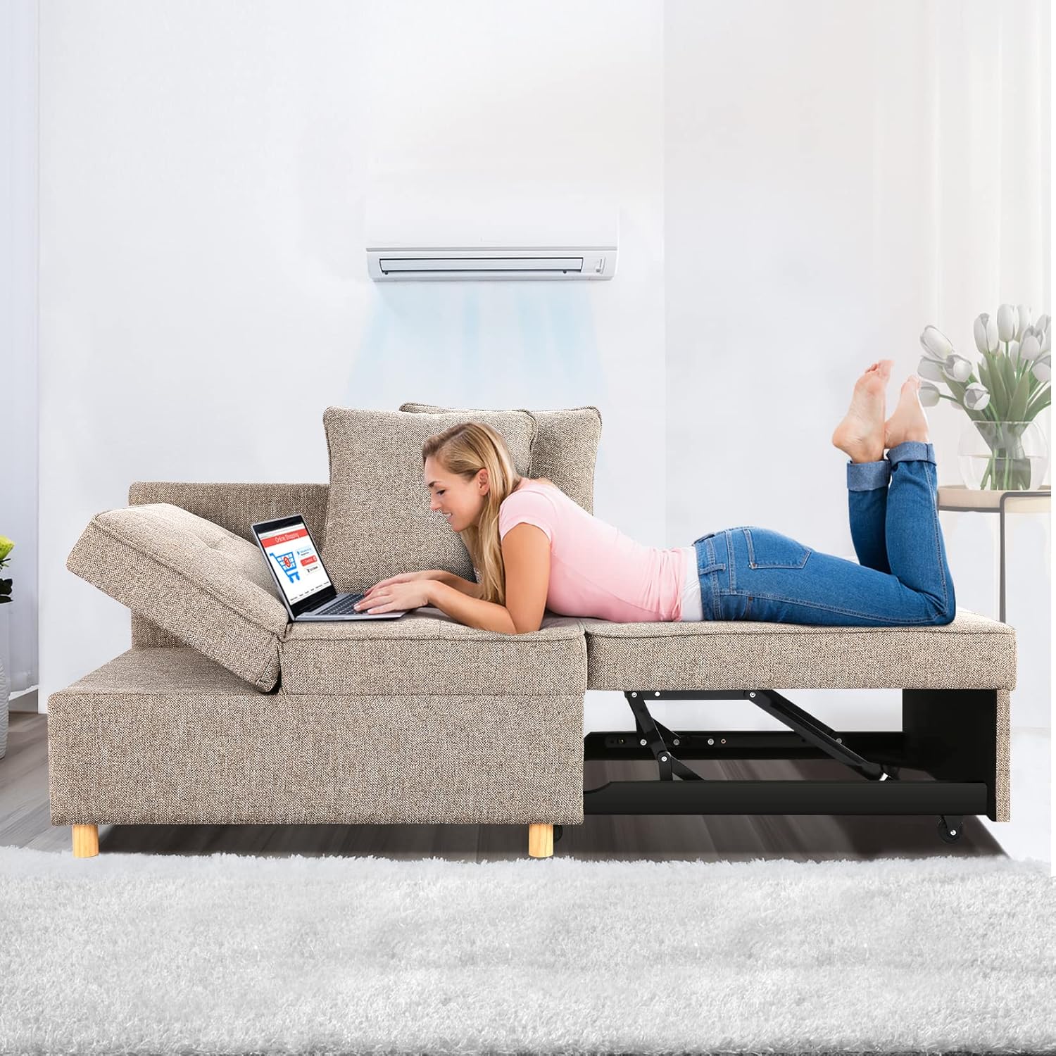 SEJOV Sofa Bed 4-in-1 Convertible Sofas & Couches, 3-Seat Linen Fabric loveseat Sofa with 2 Throw Pillow, Single Recliner for Small Space with 5 Adjustable Backrest, Grey - Grand Goldman