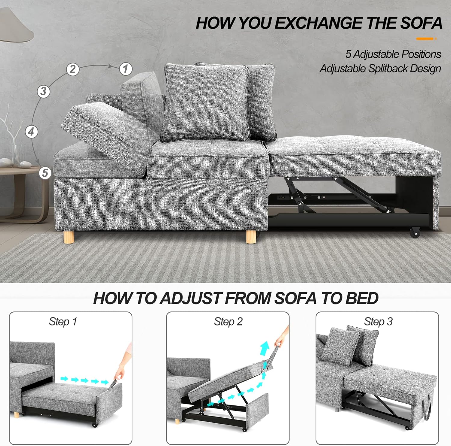 SEJOV Sofa Bed 4-in-1 Convertible Sofas & Couches, 3-Seat Linen Fabric loveseat Sofa with 2 Throw Pillow, Single Recliner for Small Space with 5 Adjustable Backrest, Grey - Grand Goldman