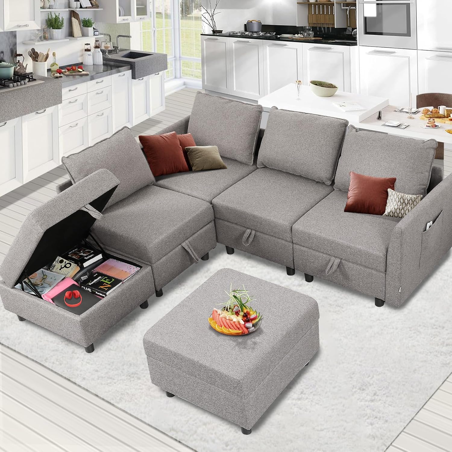 SEJOV Sofa Bed 4-in-1 Convertible Sofas & Couches, 3-Seat Linen Fabric loveseat Sofa with 2 Throw Pillow, Single Recliner for Small Space with 5 Adjustable Backrest, Grey - Grand Goldman