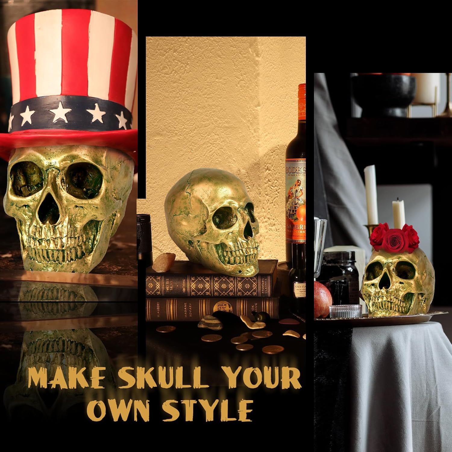 SEKKVY Resin Human Gold Skull Statues Halloween Decor Skeleton Outdoor Human Skull Model Golden Home Decoration (Non-Removable) - Grand Goldman