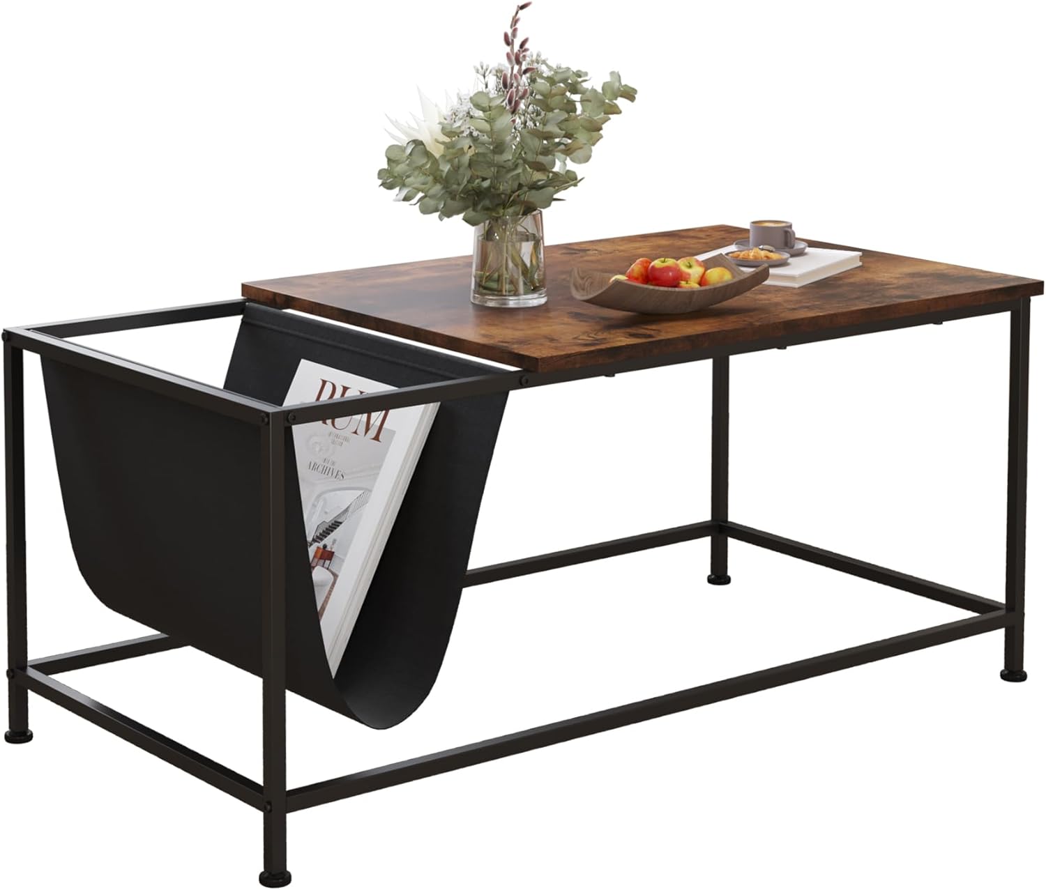 SENIG Small Brown Rectangle Wood and Metal Coffee Table with Storage Shelf for Small Living Rooms - Grand Goldman