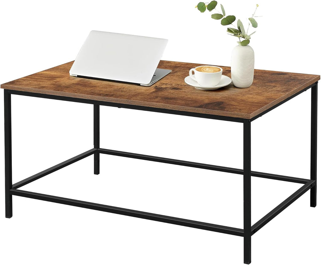 SENIG Small Brown Rectangle Wood and Metal Coffee Table with Storage Shelf for Small Living Rooms - Grand Goldman