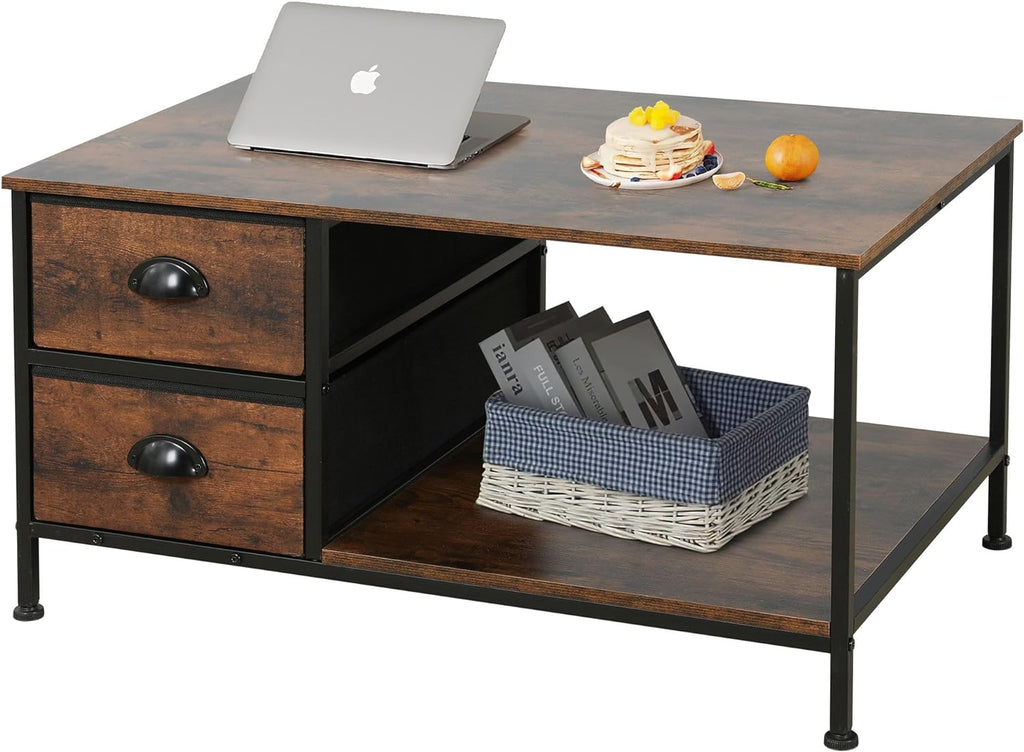 SENIG Small Brown Rectangle Wood and Metal Coffee Table with Storage Shelf for Small Living Rooms - Grand Goldman