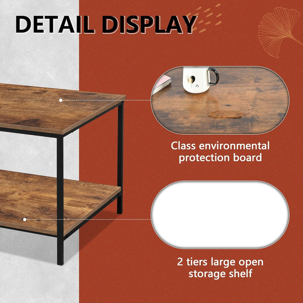 SENIG Small Brown Rectangle Wood and Metal Coffee Table with Storage Shelf for Small Living Rooms - Grand Goldman