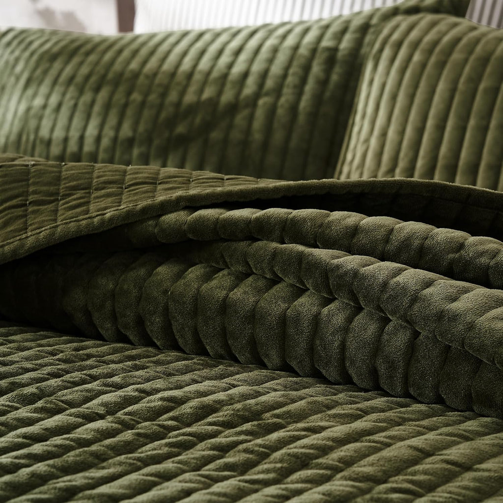 SHALALA Velvet Quilt King Size,Striped Bedding Set,Lightweight Velvet Comforter,Luxurious Cozy Bedspread and Coverlet with Soft Brushed Microfiber Back for All Season(King,Army Green) - Grand Goldman