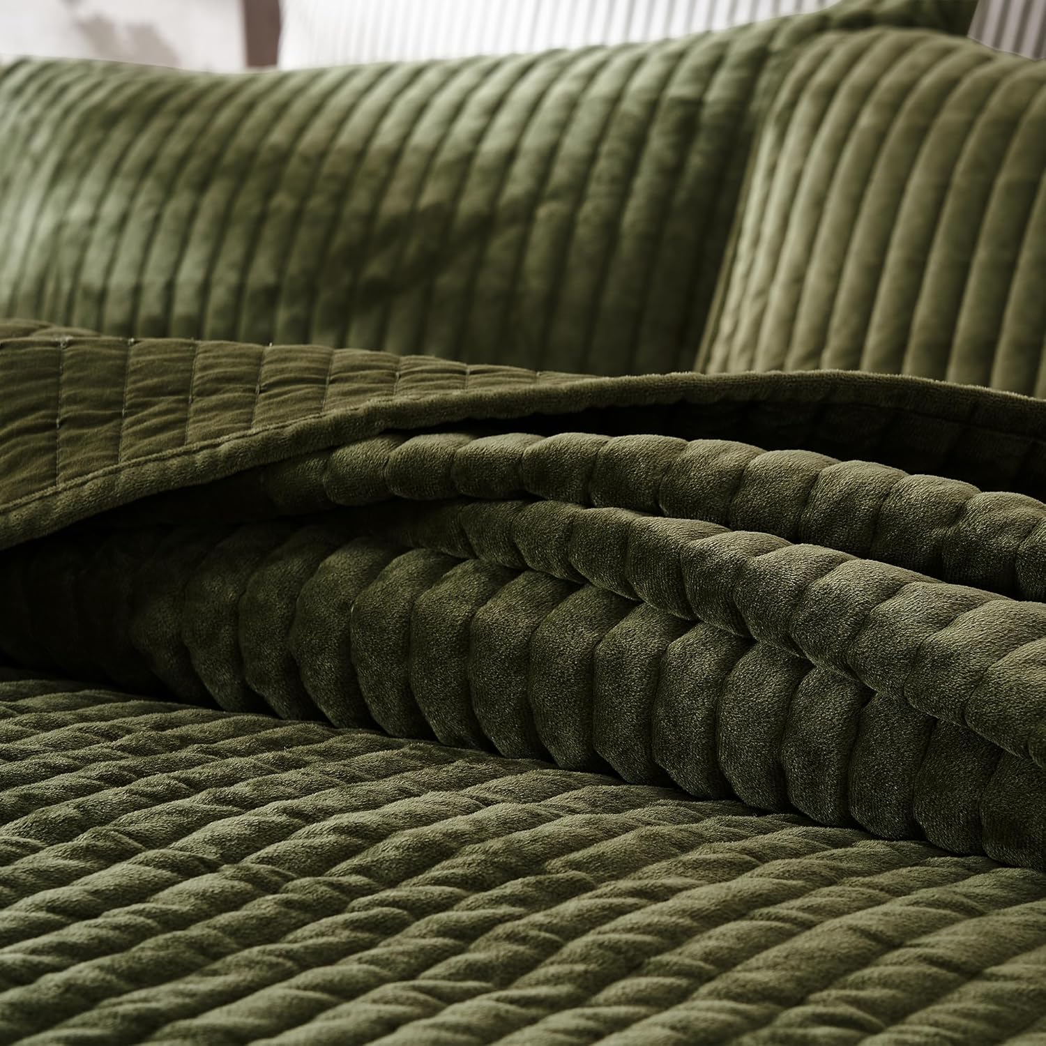 SHALALA Velvet Quilt King Size,Striped Bedding Set,Lightweight Velvet Comforter,Luxurious Cozy Bedspread and Coverlet with Soft Brushed Microfiber Back for All Season(King,Army Green) - Grand Goldman