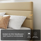 SHA CERLIN King Platform Bed Frame with Upholstered Fabric Headboard, Mattress Foundation with Strong Wooden Slats Support, No Box Spring Needed, Beige - Grand Goldman