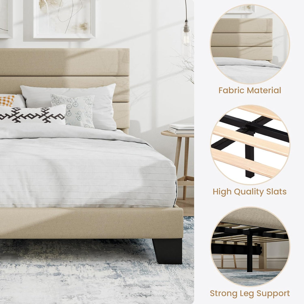 SHA CERLIN King Platform Bed Frame with Upholstered Fabric Headboard, Mattress Foundation with Strong Wooden Slats Support, No Box Spring Needed, Beige - Grand Goldman