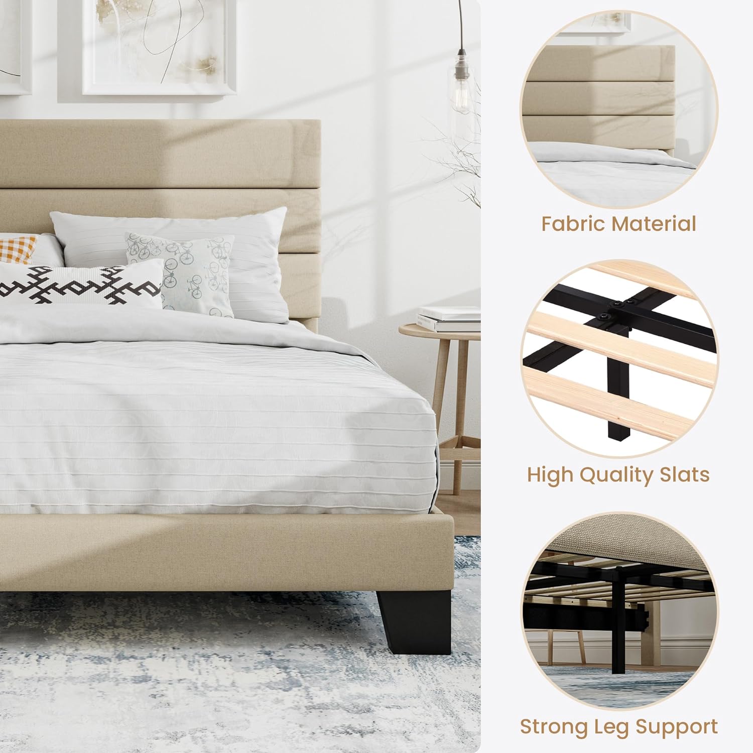 SHA CERLIN King Platform Bed Frame with Upholstered Fabric Headboard, Mattress Foundation with Strong Wooden Slats Support, No Box Spring Needed, Beige - Grand Goldman