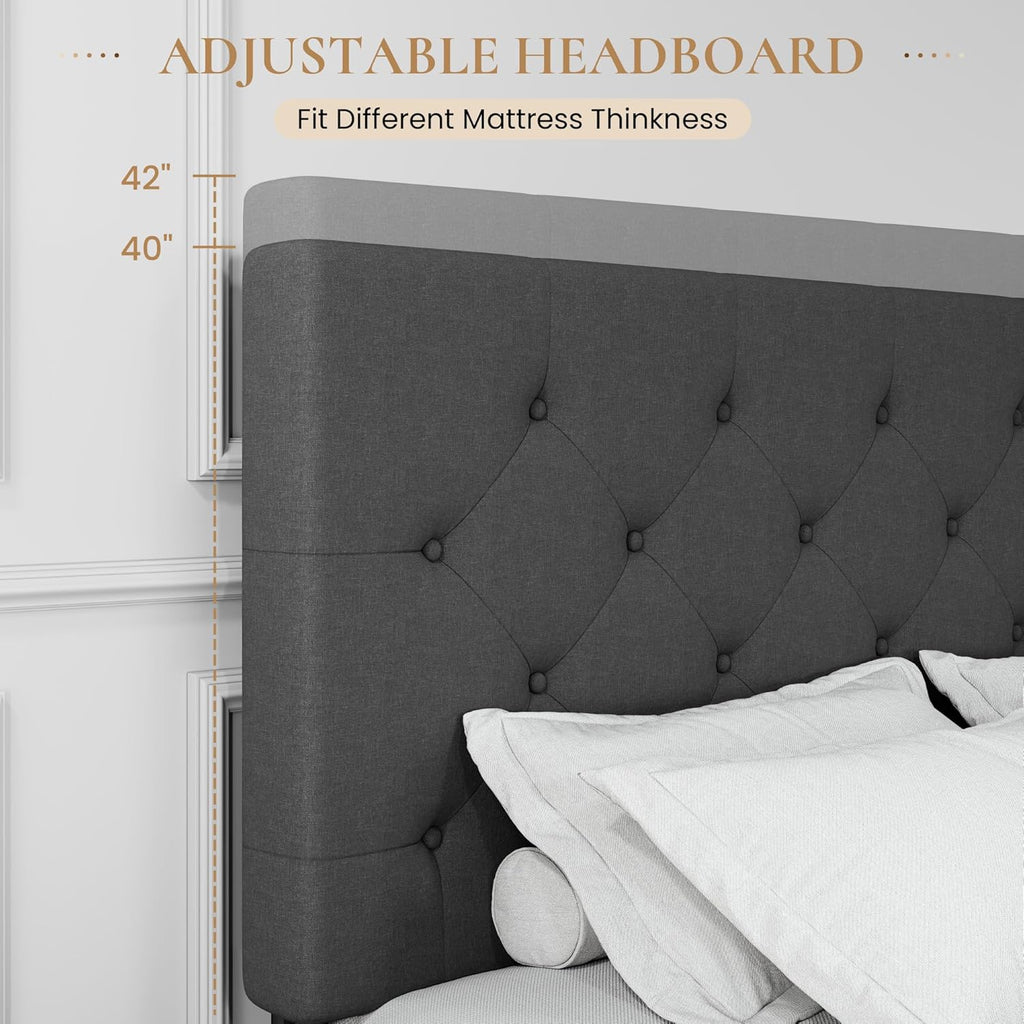 SHA CERLIN Upholstered Queen Platform Bed Frame with Adjustable Headboard and 4 Drawers Under Bed Storage, No Box Spring Needed, Diamond Stitches Button Tufted Design, Dark Grey - Grand Goldman
