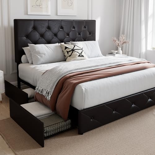 SHA CERLIN Upholstered Queen Platform Bed Frame with Adjustable Headboard and 4 Drawers Under Bed Storage, No Box Spring Needed, Diamond Stitches Button Tufted Design, Dark Grey - Grand Goldman