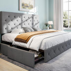 SHA CERLIN Upholstered Queen Platform Bed Frame with Adjustable Headboard and 4 Drawers Under Bed Storage, No Box Spring Needed, Diamond Stitches Button Tufted Design, Dark Grey - Grand Goldman