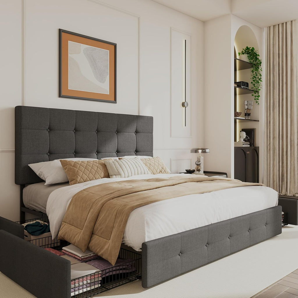 SHA CERLIN Upholstered Queen Platform Bed Frame with Adjustable Headboard and 4 Drawers Under Bed Storage, No Box Spring Needed, Diamond Stitches Button Tufted Design, Dark Grey - Grand Goldman