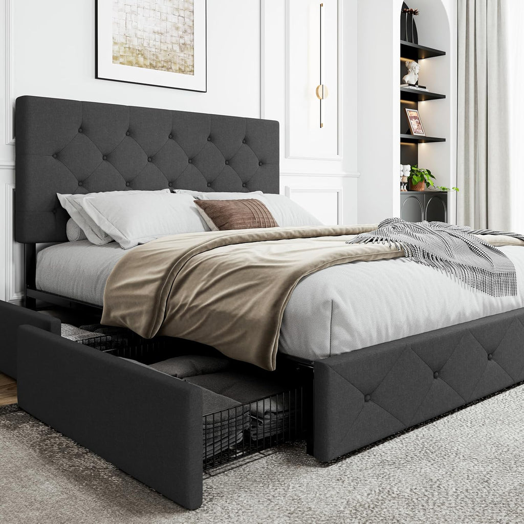 SHA CERLIN Upholstered Queen Platform Bed Frame with Adjustable Headboard and 4 Drawers Under Bed Storage, No Box Spring Needed, Diamond Stitches Button Tufted Design, Dark Grey - Grand Goldman