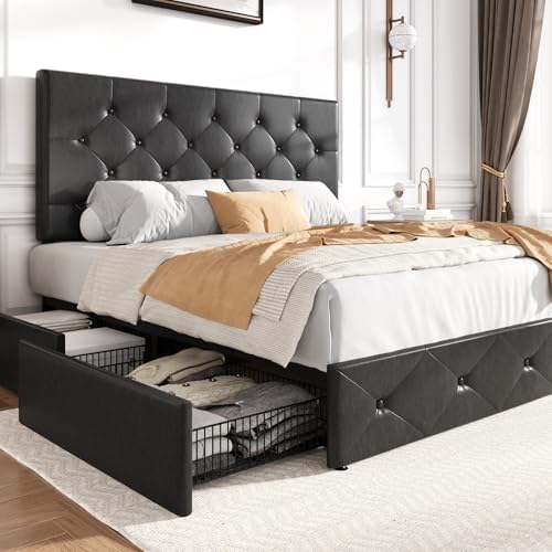 SHA CERLIN Upholstered Queen Platform Bed Frame with Adjustable Headboard and 4 Drawers Under Bed Storage, No Box Spring Needed, Diamond Stitches Button Tufted Design, Dark Grey - Grand Goldman