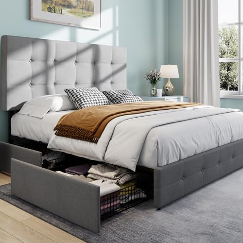 SHA CERLIN Upholstered Queen Platform Bed Frame with Adjustable Headboard and 4 Drawers Under Bed Storage, No Box Spring Needed, Diamond Stitches Button Tufted Design, Dark Grey - Grand Goldman