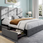 SHA CERLIN Upholstered Queen Platform Bed Frame with Adjustable Headboard and 4 Drawers Under Bed Storage, No Box Spring Needed, Diamond Stitches Button Tufted Design, Dark Grey - Grand Goldman