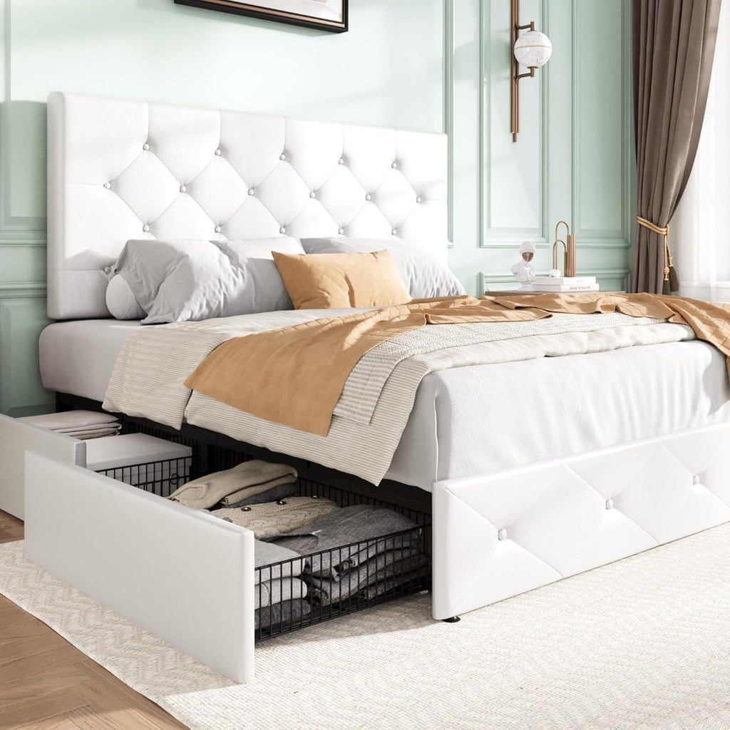 SHA CERLIN Upholstered Queen Platform Bed Frame with Adjustable Headboard and 4 Drawers Under Bed Storage, No Box Spring Needed, Diamond Stitches Button Tufted Design, Dark Grey - Grand Goldman