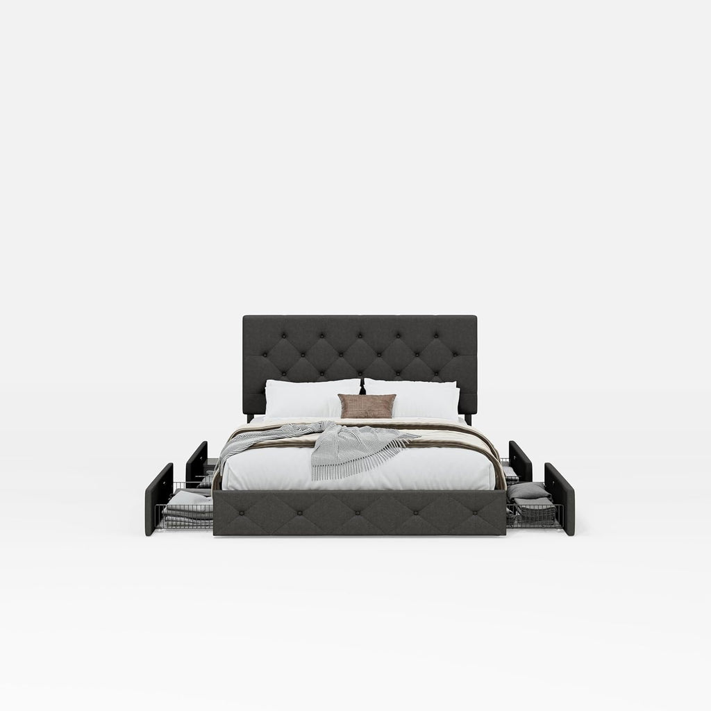 SHA CERLIN Upholstered Queen Platform Bed Frame with Adjustable Headboard and 4 Drawers Under Bed Storage, No Box Spring Needed, Diamond Stitches Button Tufted Design, Dark Grey - Grand Goldman