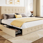 SHA CERLIN Upholstered Queen Platform Bed Frame with Adjustable Headboard and 4 Drawers Under Bed Storage, No Box Spring Needed, Diamond Stitches Button Tufted Design, Dark Grey - Grand Goldman