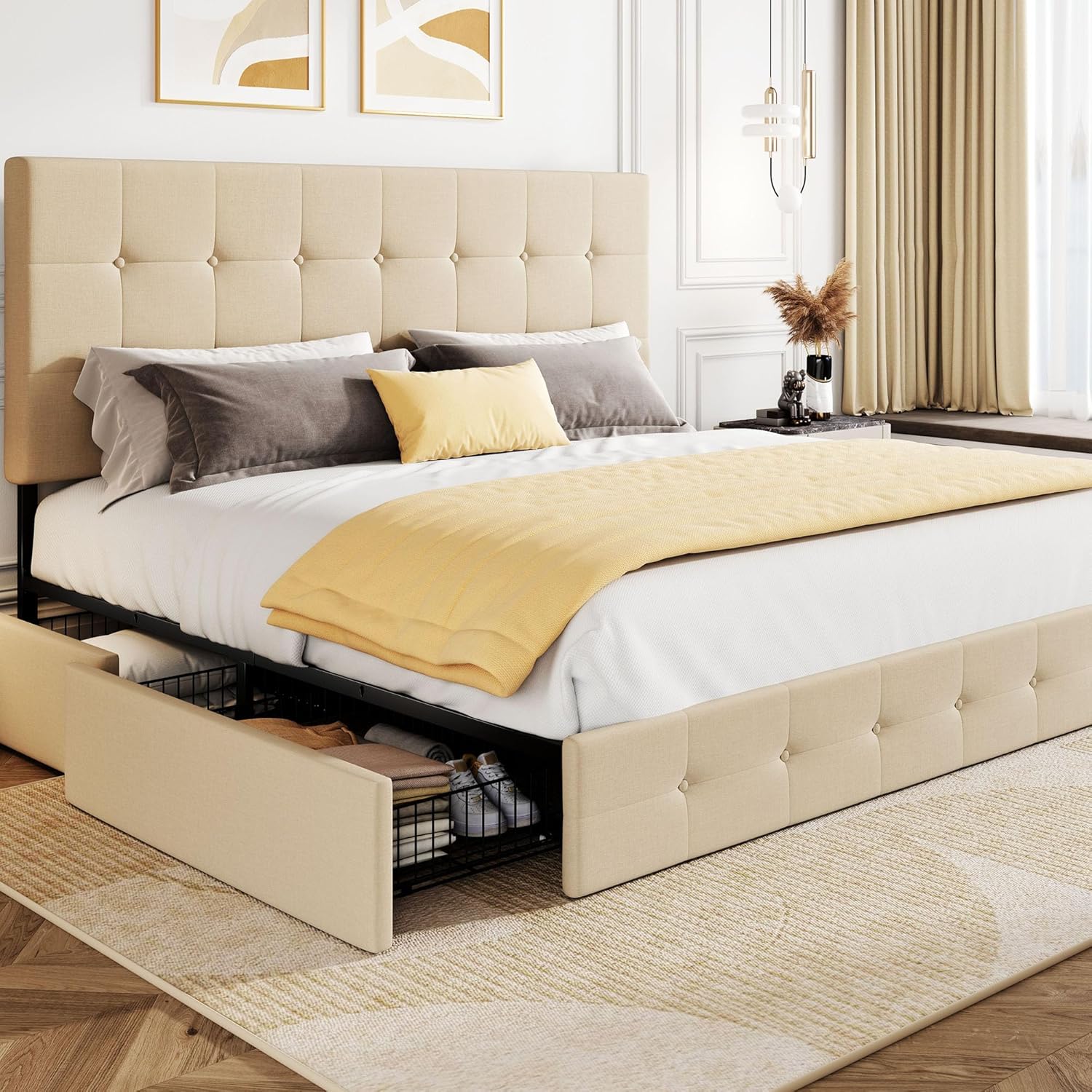 SHA CERLIN Upholstered Queen Platform Bed Frame with Adjustable Headboard and 4 Drawers Under Bed Storage, No Box Spring Needed, Diamond Stitches Button Tufted Design, Dark Grey - Grand Goldman