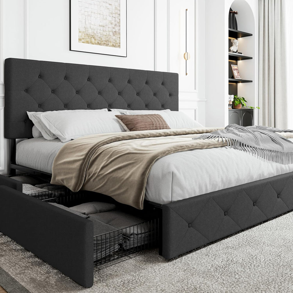 SHA CERLIN Upholstered Queen Platform Bed Frame with Adjustable Headboard and 4 Drawers Under Bed Storage, No Box Spring Needed, Diamond Stitches Button Tufted Design, Dark Grey - Grand Goldman
