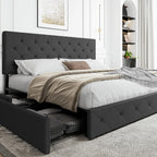 SHA CERLIN Upholstered Queen Platform Bed Frame with Adjustable Headboard and 4 Drawers Under Bed Storage, No Box Spring Needed, Diamond Stitches Button Tufted Design, Dark Grey - Grand Goldman