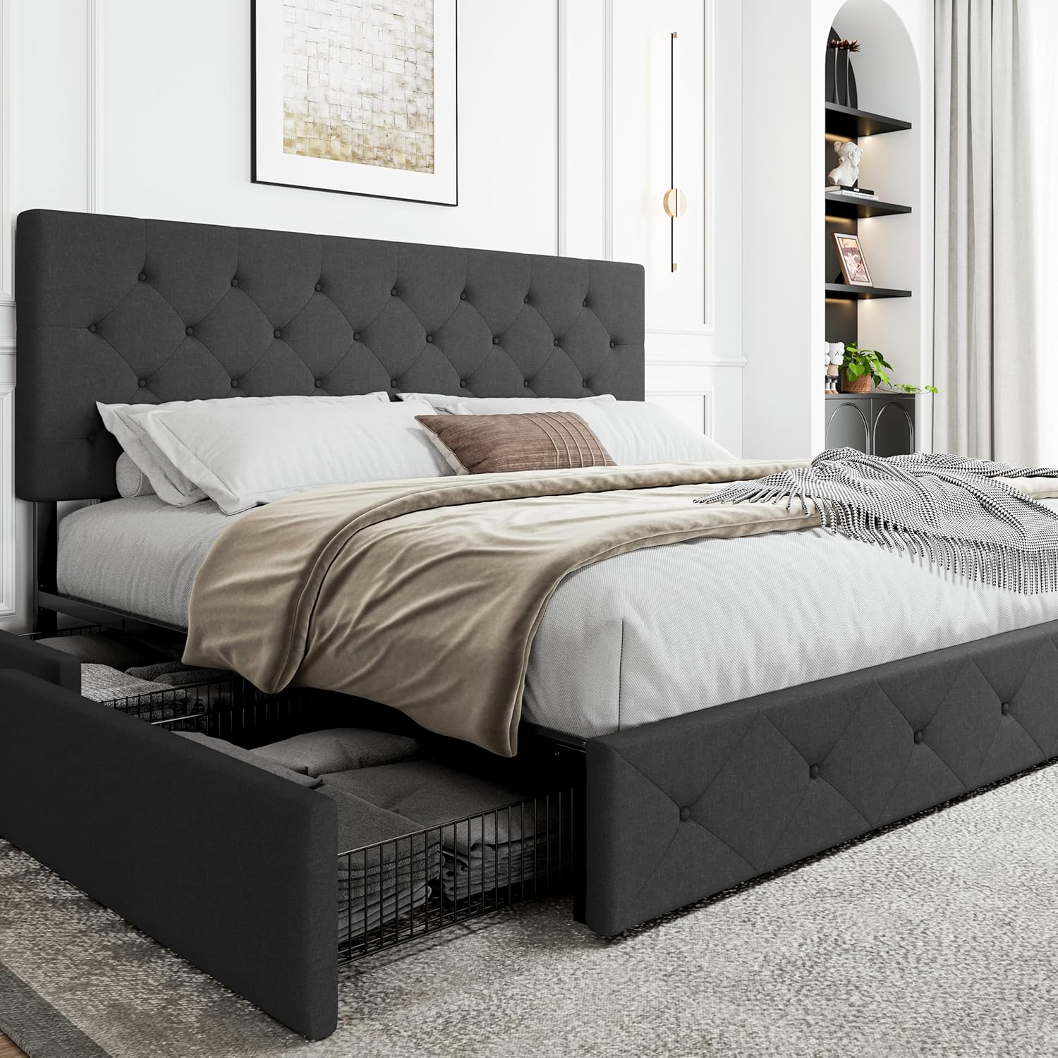 SHA CERLIN Upholstered Queen Platform Bed Frame with Adjustable Headboard and 4 Drawers Under Bed Storage, No Box Spring Needed, Diamond Stitches Button Tufted Design, Dark Grey - Grand Goldman