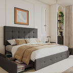 SHA CERLIN Upholstered Queen Platform Bed Frame with Adjustable Headboard and 4 Drawers Under Bed Storage, No Box Spring Needed, Diamond Stitches Button Tufted Design, Dark Grey - Grand Goldman