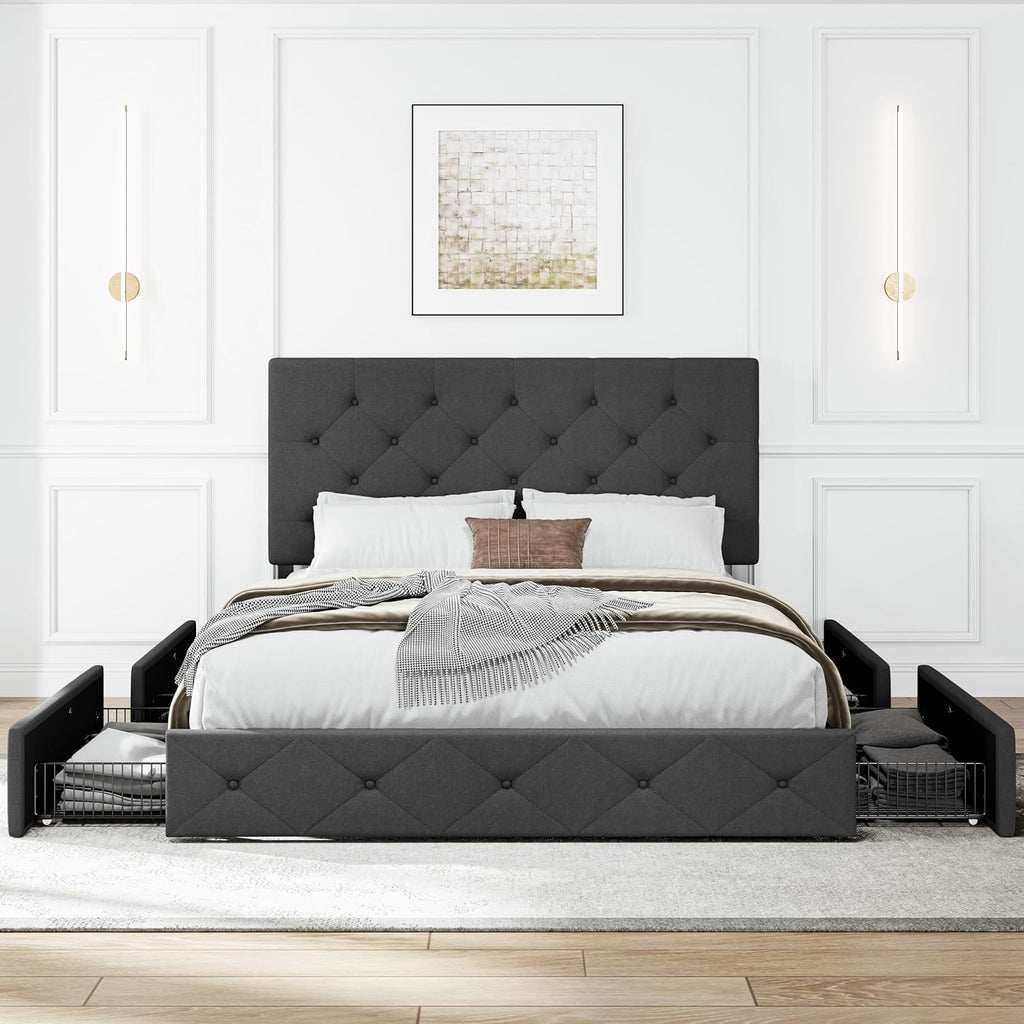 SHA CERLIN Upholstered Queen Platform Bed Frame with Adjustable Headboard and 4 Drawers Under Bed Storage, No Box Spring Needed, Diamond Stitches Button Tufted Design, Dark Grey - Grand Goldman