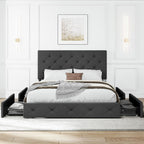 SHA CERLIN Upholstered Queen Platform Bed Frame with Adjustable Headboard and 4 Drawers Under Bed Storage, No Box Spring Needed, Diamond Stitches Button Tufted Design, Dark Grey - Grand Goldman