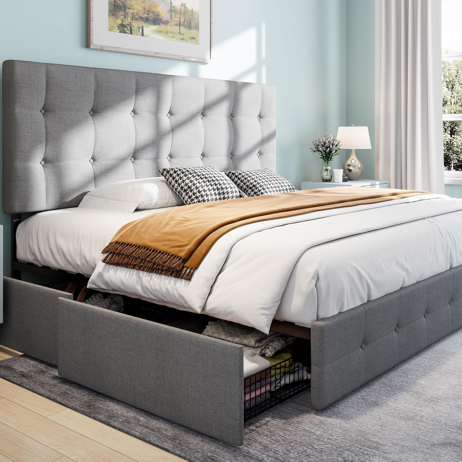 SHA CERLIN Upholstered Queen Platform Bed Frame with Adjustable Headboard and 4 Drawers Under Bed Storage, No Box Spring Needed, Diamond Stitches Button Tufted Design, Dark Grey - Grand Goldman